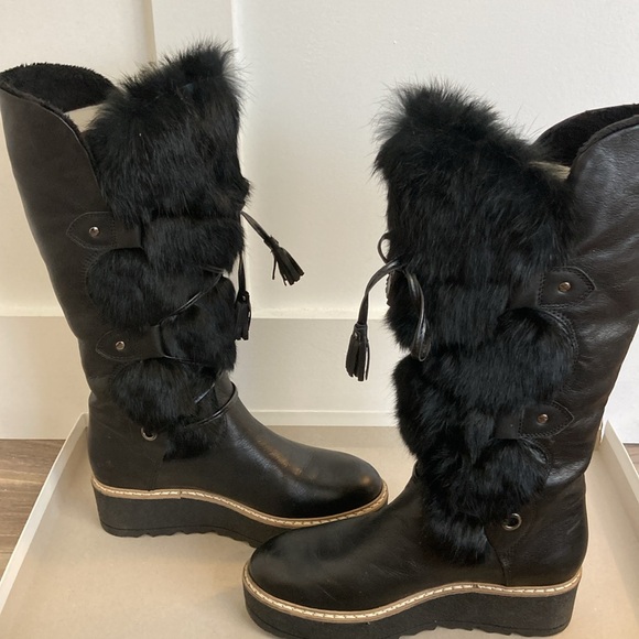 Ladies beautiful new Black leather & fur wedge Italian boots 275 Central size 37 - Picture 3 of 12
